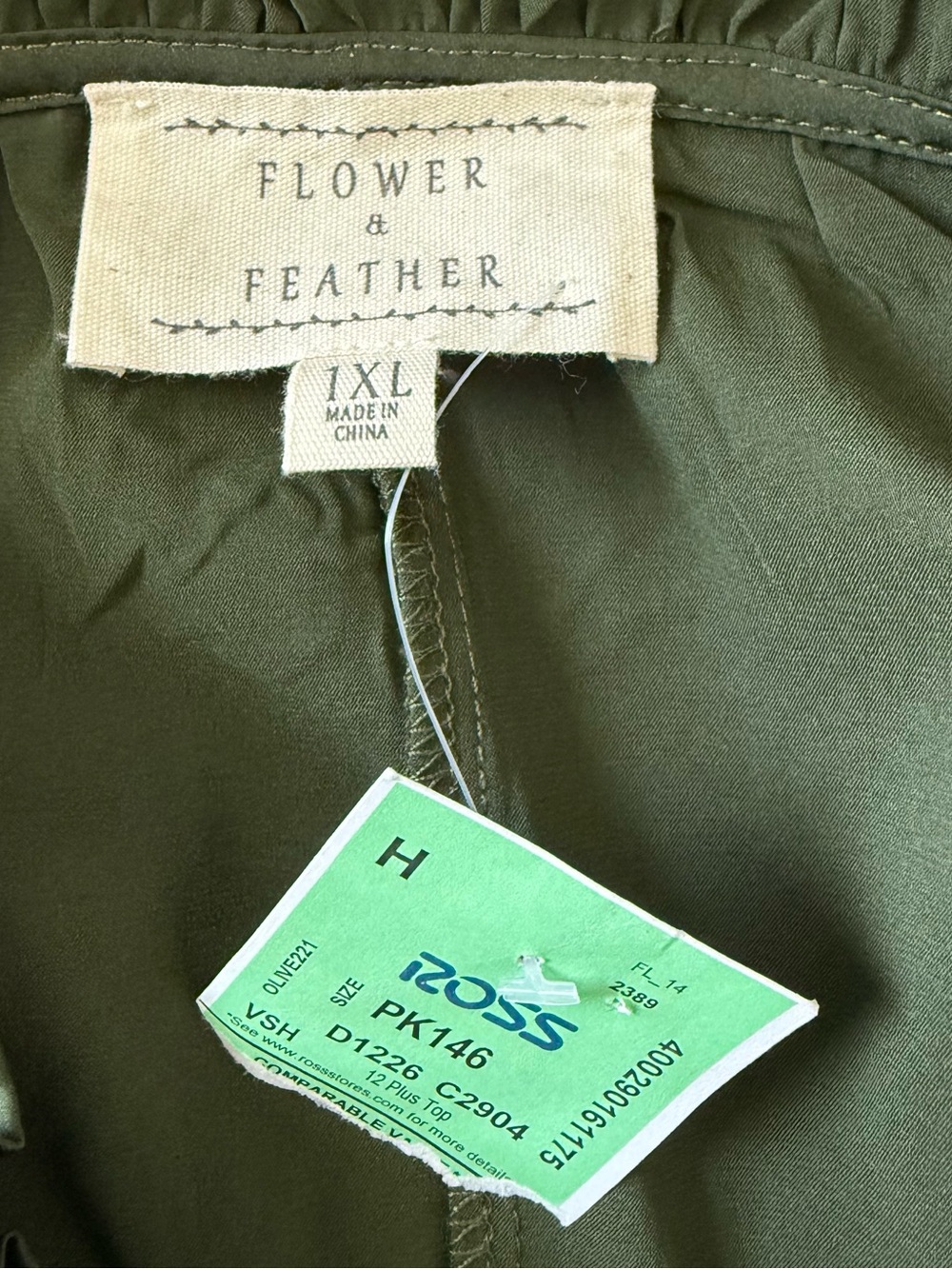 Flower & Feather Olive Green Ruffle Neck Blouse Size 1XL - Picture 6 of 8